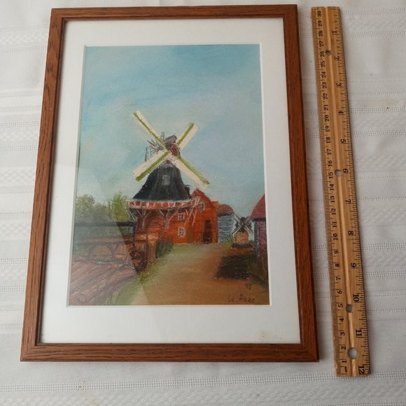 Vintage Windmill Artwork Landscape Colored Pencil Pastels Original Signed U Rabe - Picture 3 of 5